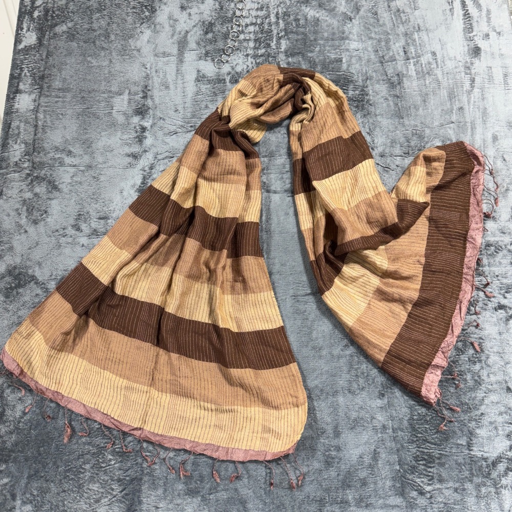 World Market Scarf Womens OS Brown Tan Striped Silk Blend Fringe 419675‎